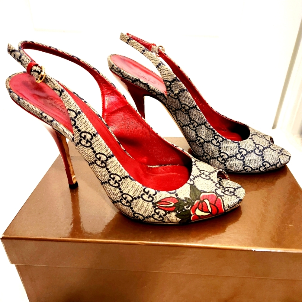 Gucci Tattoo Print Slingback Heels With RARE Red Patent. Incl box,taps,dust bags